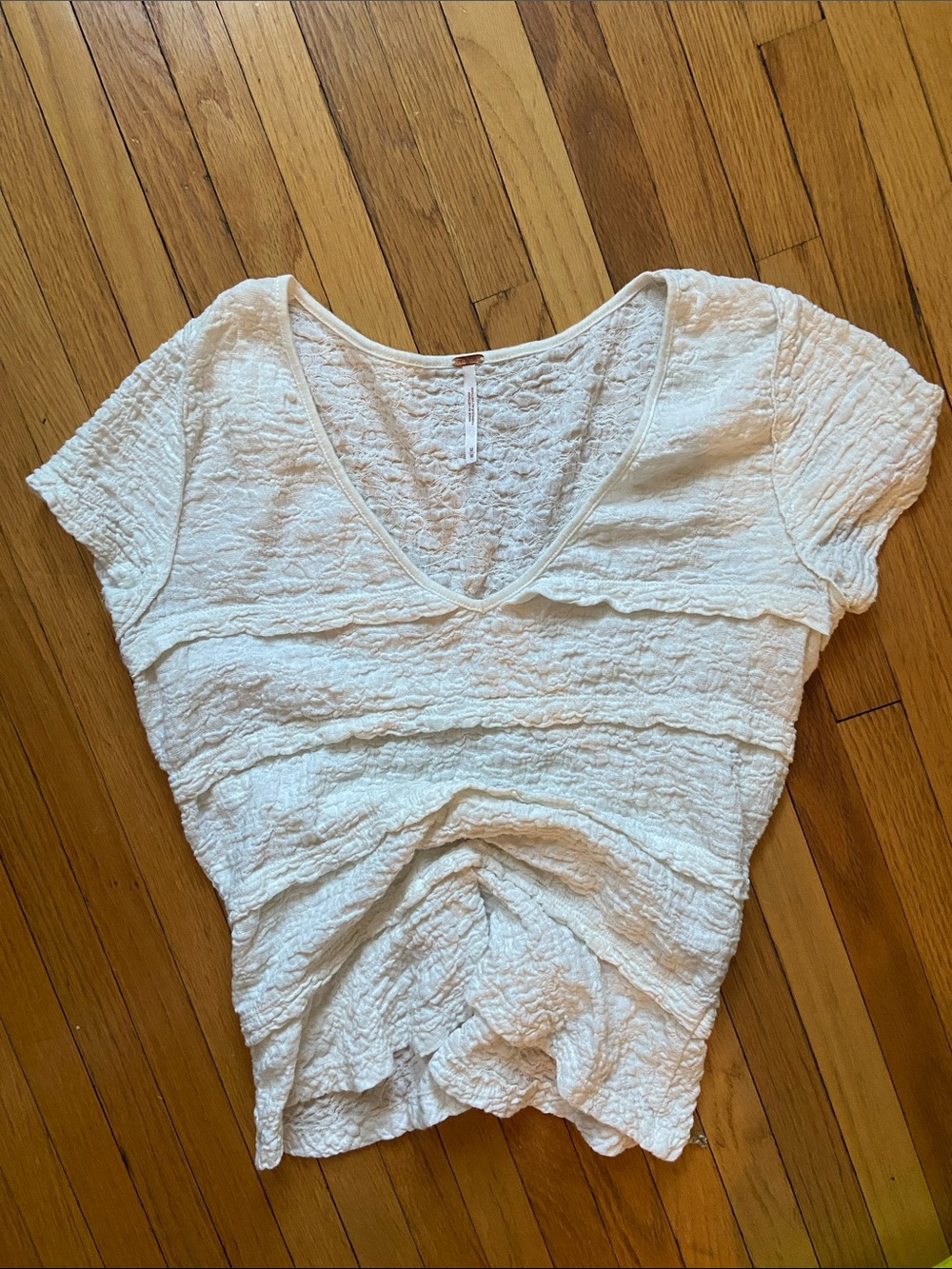 Free People Ivory Textured V-Neck Short Sleeve Tee, Size M - Picture 3 of 4